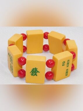 Big. Yellow Mahjong Tile Stretch Bracelet with Red Beads